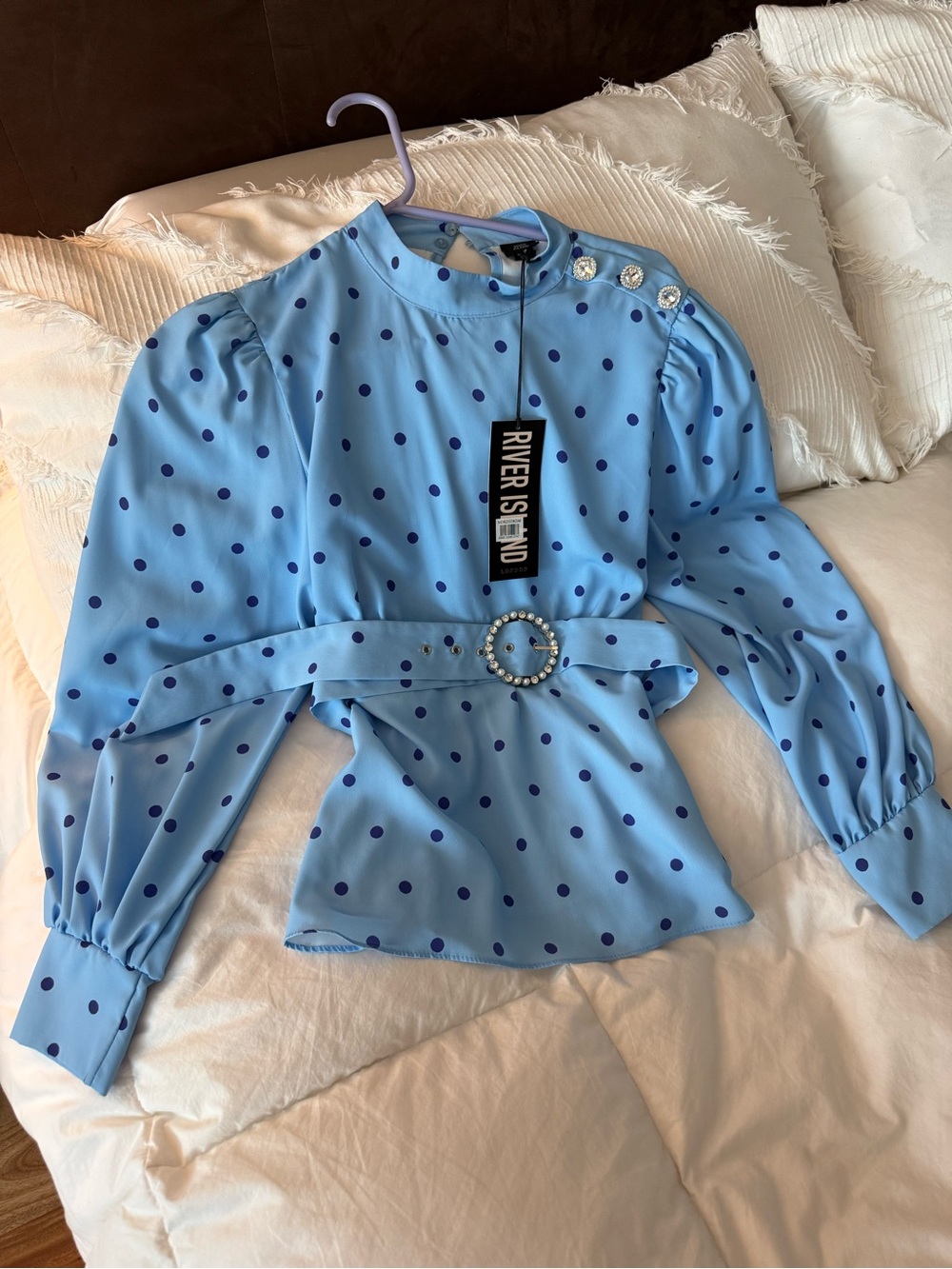River Island Light Blue Polka Dot Puff-Sleeve Blouse with Pearl Buckle